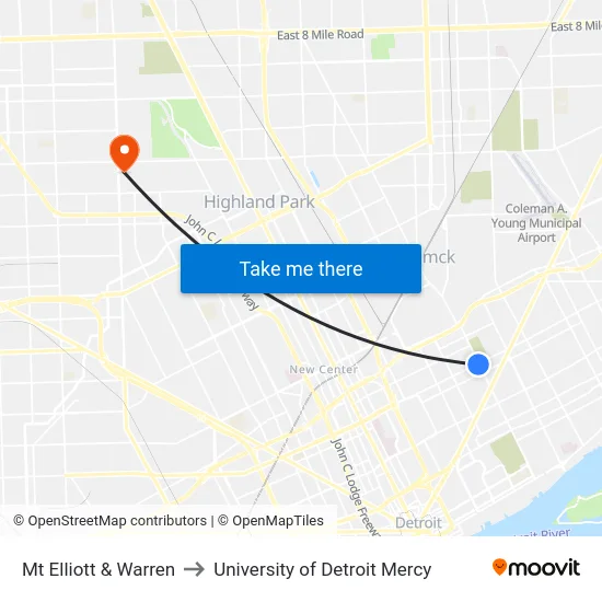 Mt Elliott & Warren to University of Detroit Mercy map