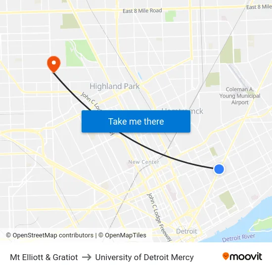 Mt Elliott & Gratiot to University of Detroit Mercy map