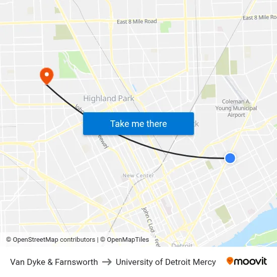 Van Dyke & Farnsworth to University of Detroit Mercy map