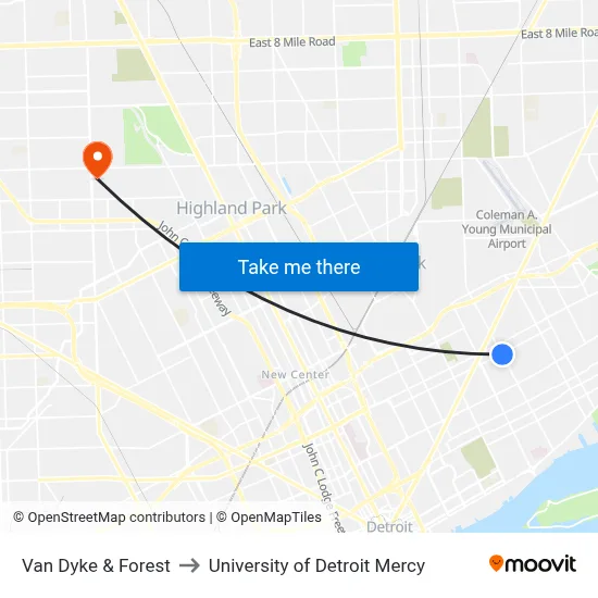 Van Dyke & Forest to University of Detroit Mercy map