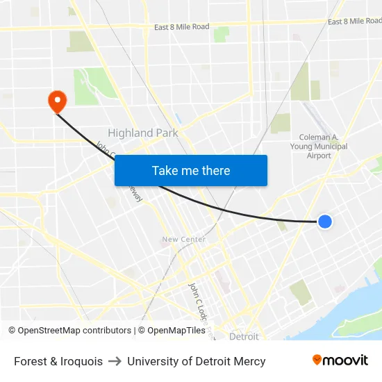 Forest & Iroquois to University of Detroit Mercy map