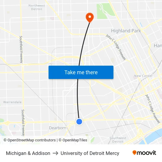 Michigan & Addison to University of Detroit Mercy map