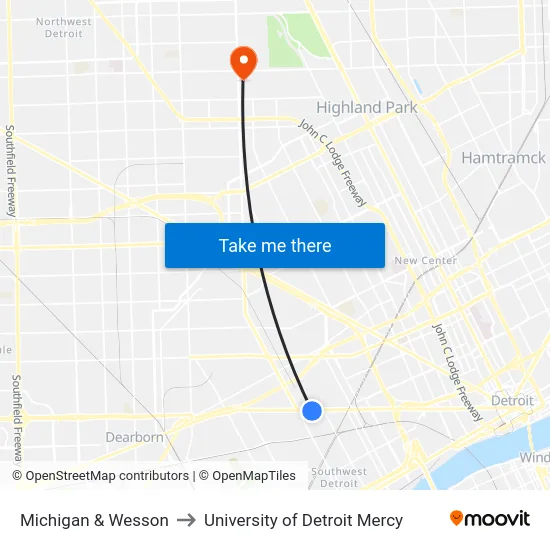 Michigan & Wesson to University of Detroit Mercy map