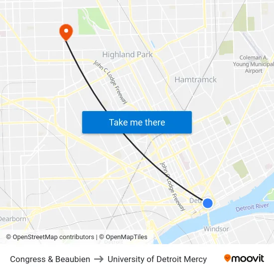 Congress & Beaubien to University of Detroit Mercy map