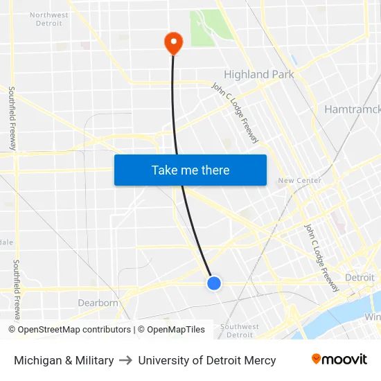 Michigan & Military to University of Detroit Mercy map