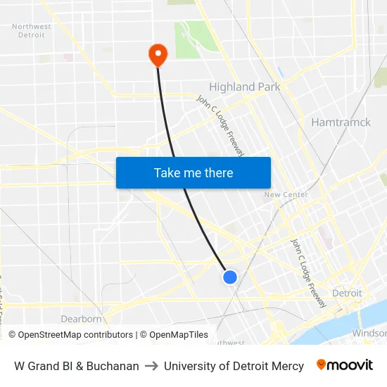W Grand Bl & Buchanan to University of Detroit Mercy map