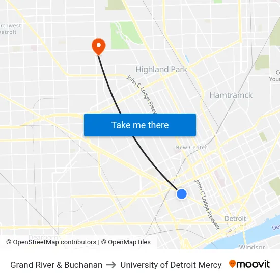 Grand River & Buchanan to University of Detroit Mercy map