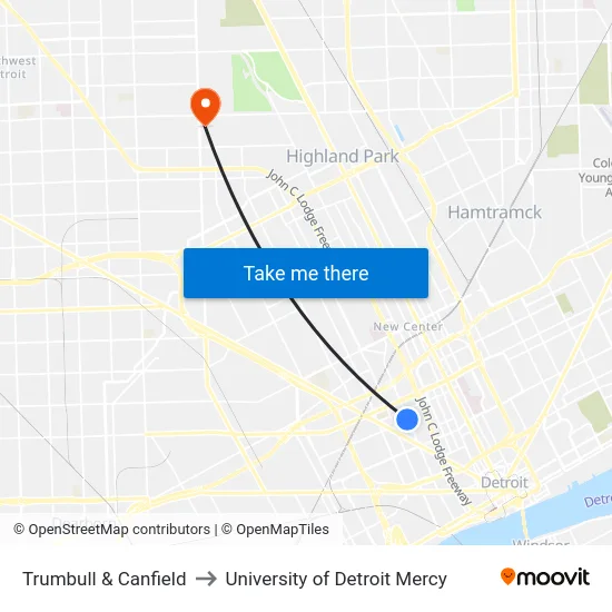Trumbull & Canfield to University of Detroit Mercy map