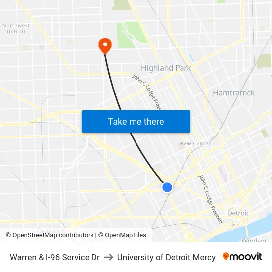 Warren & I-96 Service Dr to University of Detroit Mercy map