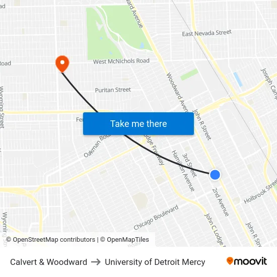 Calvert & Woodward to University of Detroit Mercy map