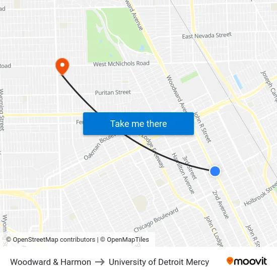 Woodward & Harmon to University of Detroit Mercy map