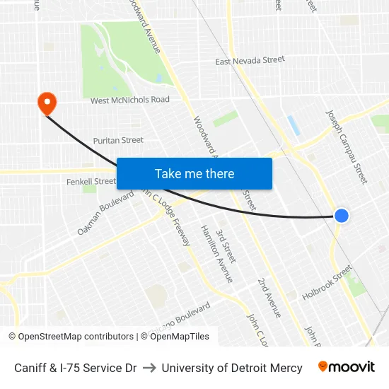 Caniff & I-75 Service Dr to University of Detroit Mercy map