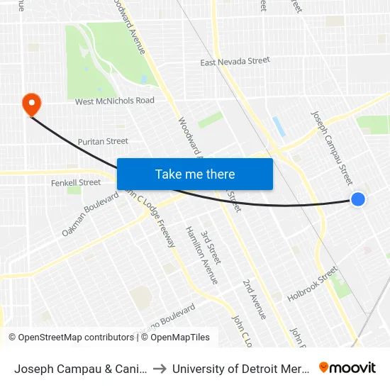 Joseph Campau & Caniff to University of Detroit Mercy map