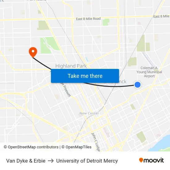 Van Dyke & Erbie to University of Detroit Mercy map