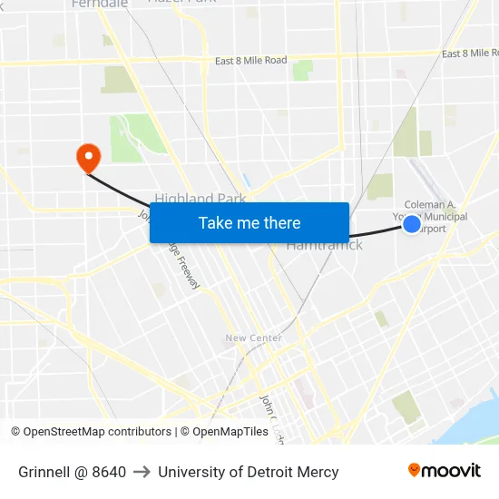 Grinnell @ 8640 to University of Detroit Mercy map