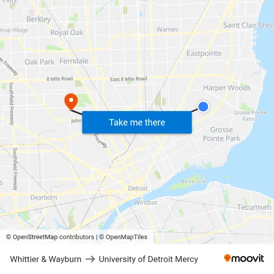 Whittier & Wayburn to University of Detroit Mercy map