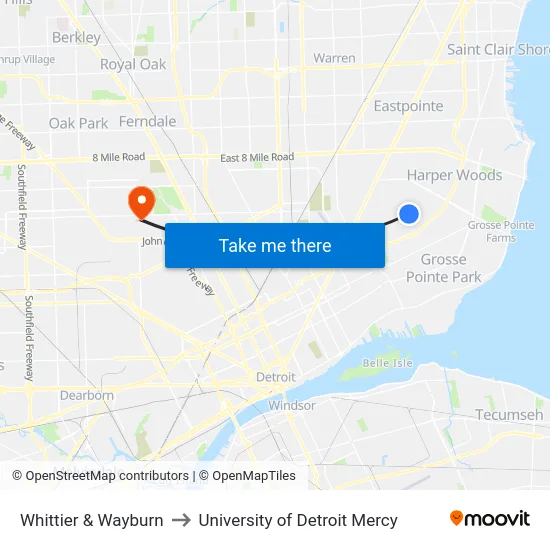Whittier & Wayburn to University of Detroit Mercy map