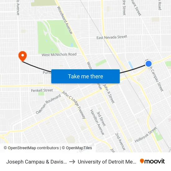 Joseph Campau & Davison to University of Detroit Mercy map