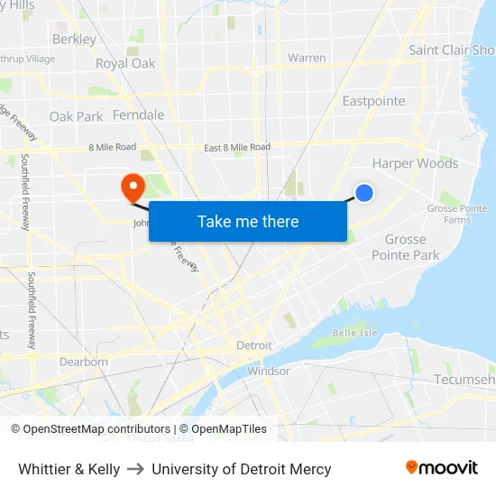 Whittier & Kelly to University of Detroit Mercy map