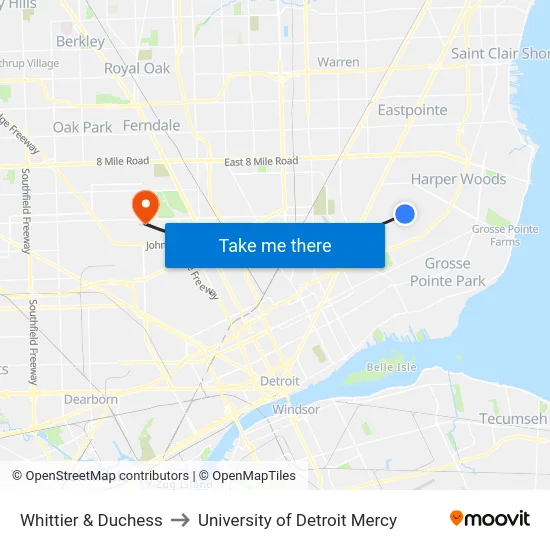 Whittier & Duchess to University of Detroit Mercy map