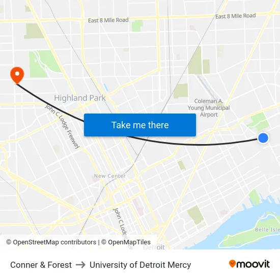 Conner & Forest to University of Detroit Mercy map
