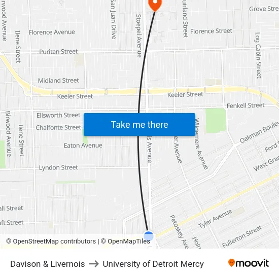 Davison & Livernois to University of Detroit Mercy map