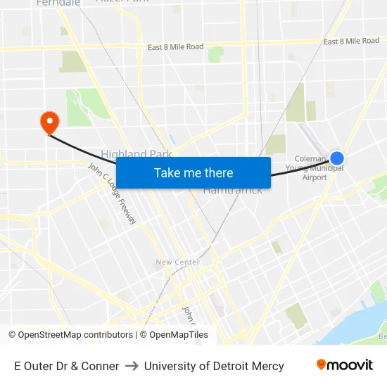 E Outer Dr & Conner to University of Detroit Mercy map