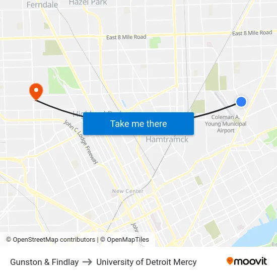 Gunston & Findlay to University of Detroit Mercy map