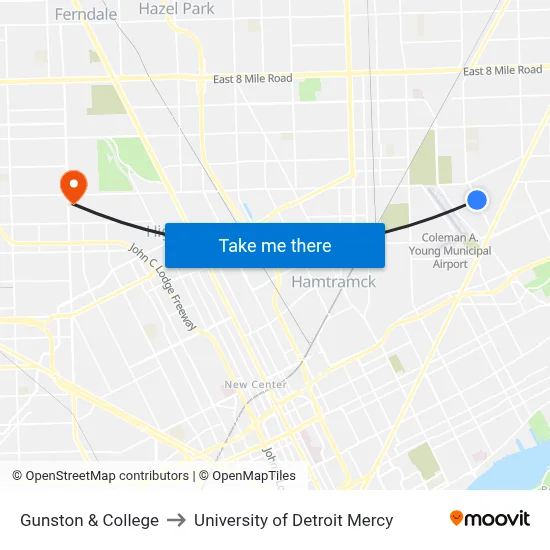 Gunston & College to University of Detroit Mercy map