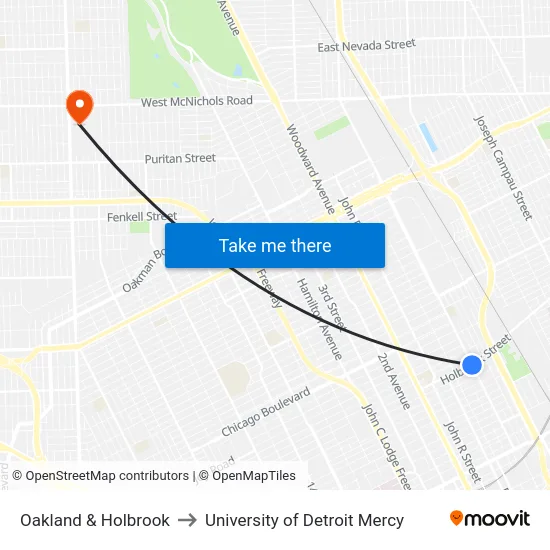 Oakland & Holbrook to University of Detroit Mercy map