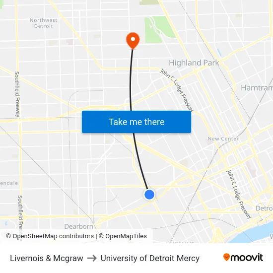 Livernois & Mcgraw to University of Detroit Mercy map