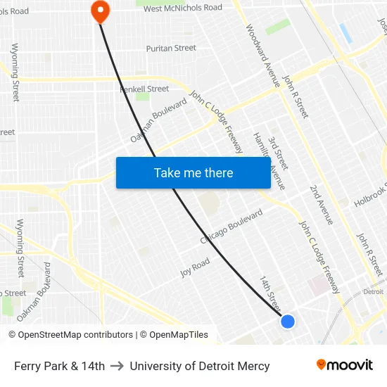 Ferry Park & 14th to University of Detroit Mercy map