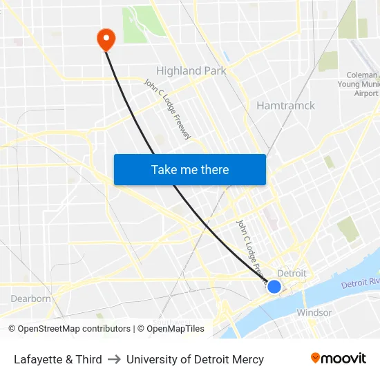 Lafayette & Third to University of Detroit Mercy map