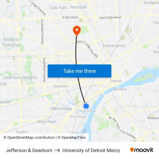 Jefferson & Dearborn to University of Detroit Mercy map