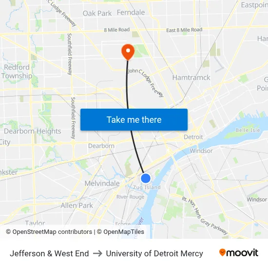 Jefferson & West End to University of Detroit Mercy map