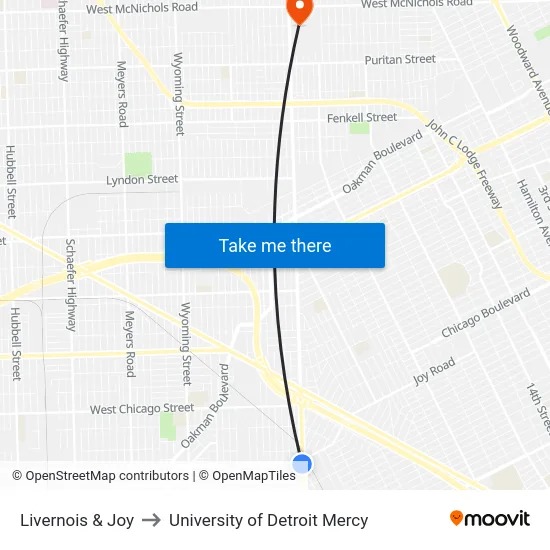 Livernois & Joy to University of Detroit Mercy map