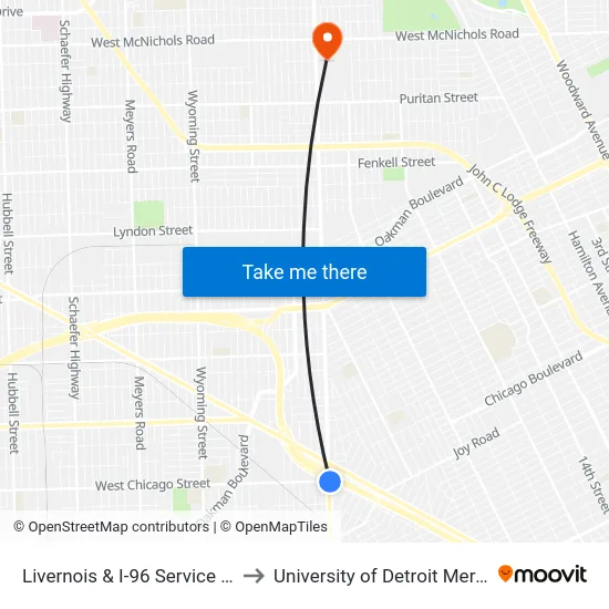 Livernois & I-96 Service Dr to University of Detroit Mercy map