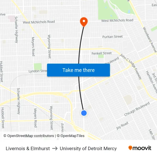 Livernois & Elmhurst to University of Detroit Mercy map