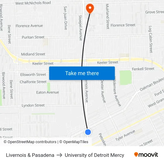 Livernois & Pasadena to University of Detroit Mercy map
