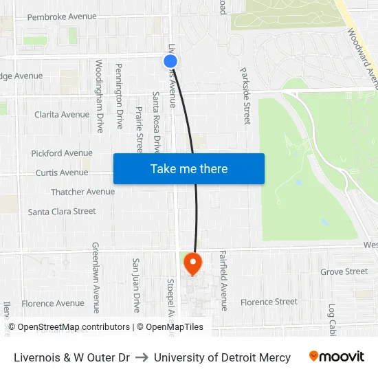 Livernois & W Outer Dr to University of Detroit Mercy map