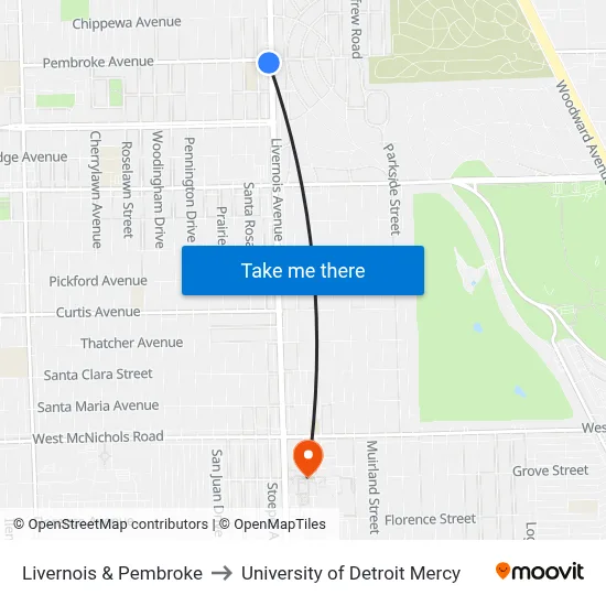 Livernois & Pembroke to University of Detroit Mercy map