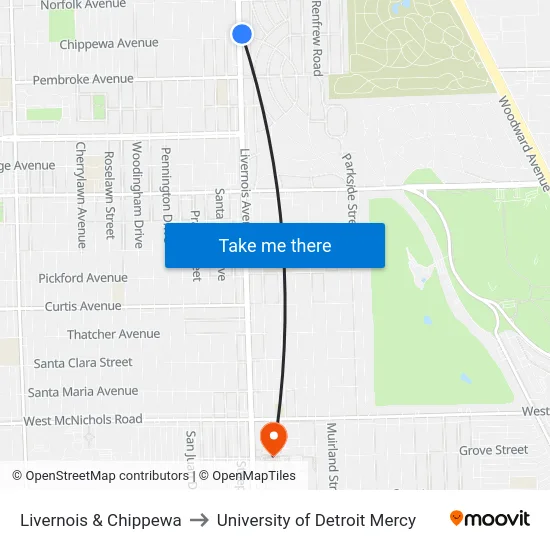 Livernois & Chippewa to University of Detroit Mercy map
