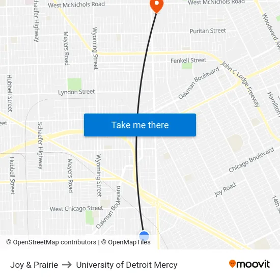 Joy & Prairie to University of Detroit Mercy map