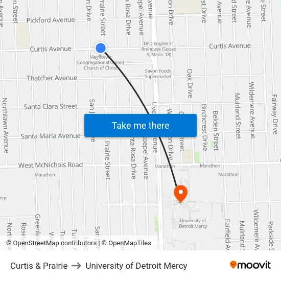 Curtis & Prairie to University of Detroit Mercy map