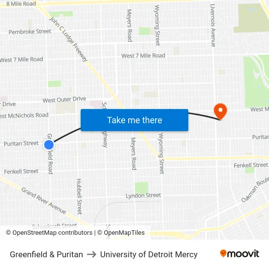 Greenfield & Puritan to University of Detroit Mercy map