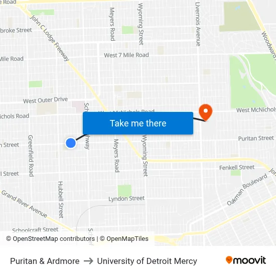 Puritan & Ardmore to University of Detroit Mercy map