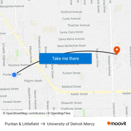 Puritan & Littlefield to University of Detroit Mercy map