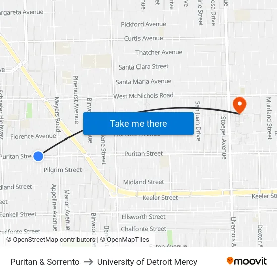 Puritan & Sorrento to University of Detroit Mercy map
