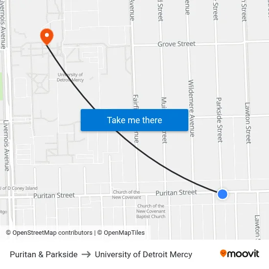 Puritan & Parkside to University of Detroit Mercy map