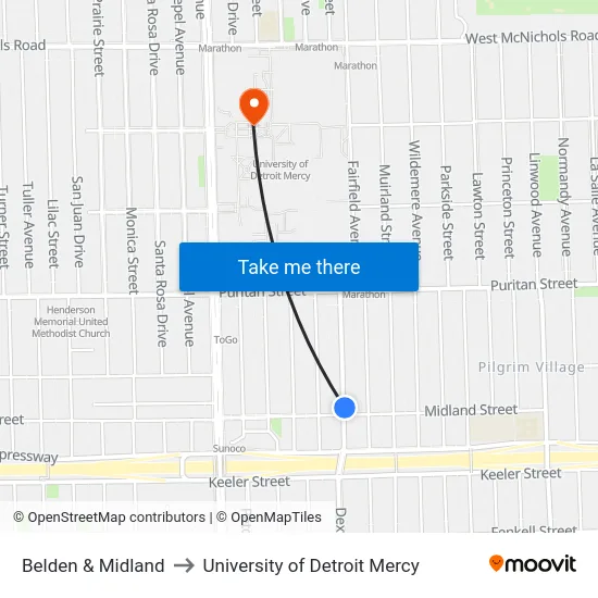 Belden & Midland to University of Detroit Mercy map